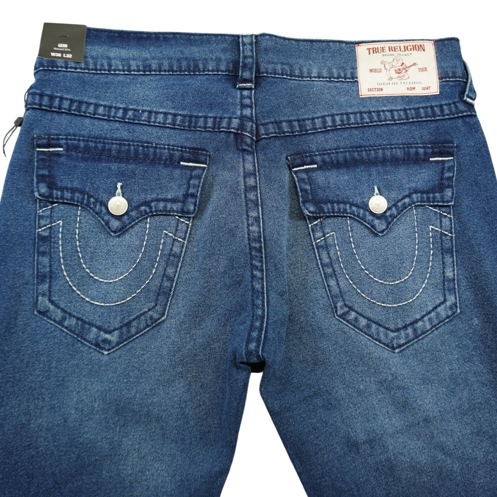 NEW True Religion Geno Relaxed Slim Jeans Mens 36x32 Blue Big T Flap Pocket